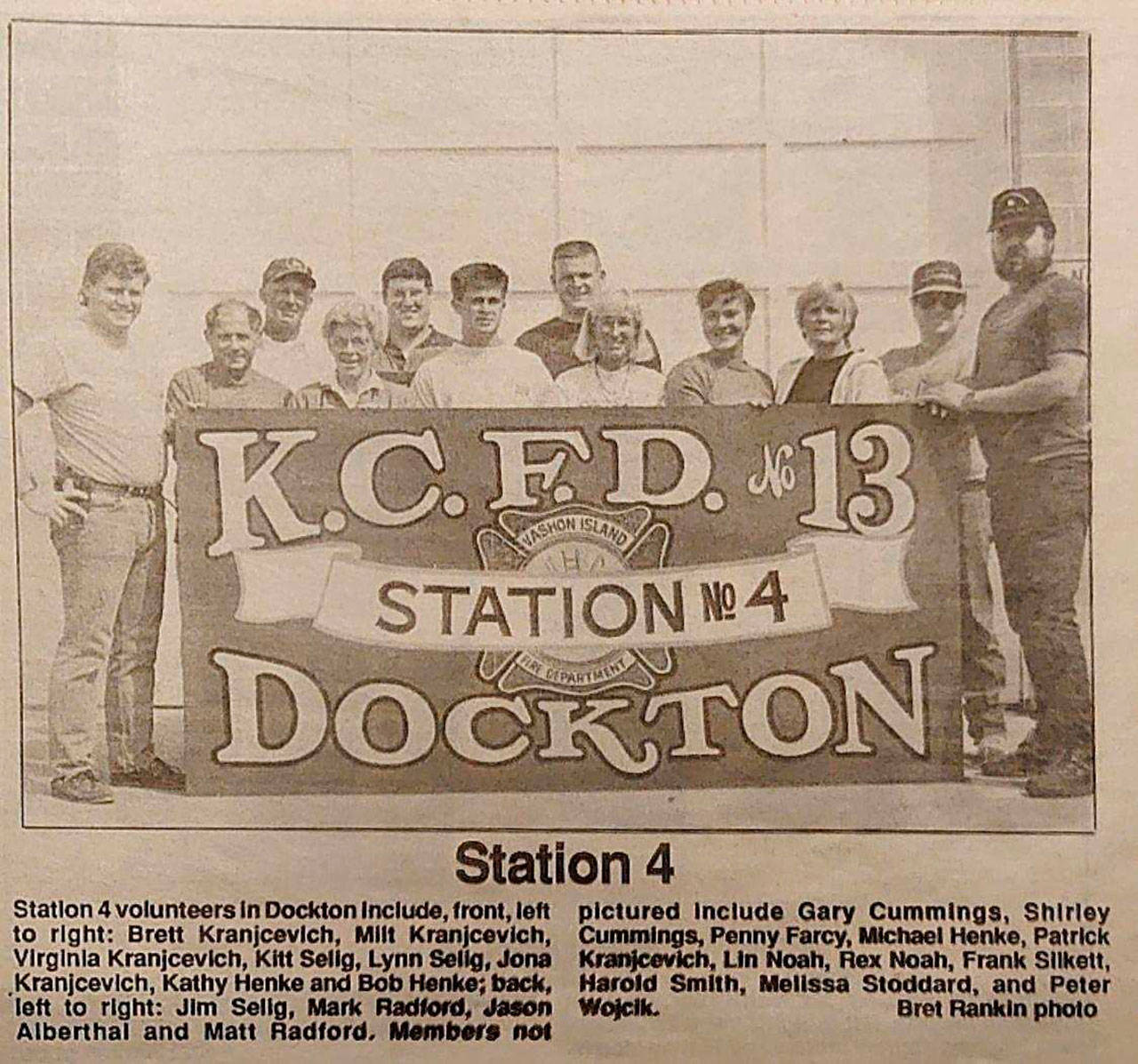 A 1992 newspaper clipping, picturing those who then served at the Dockton Fire Station. Brett Kranjcevich (far left) is there, along with his father, mother, wife, and many other relatives in the Kranjcevich and Henke families (Courtesy Photo).