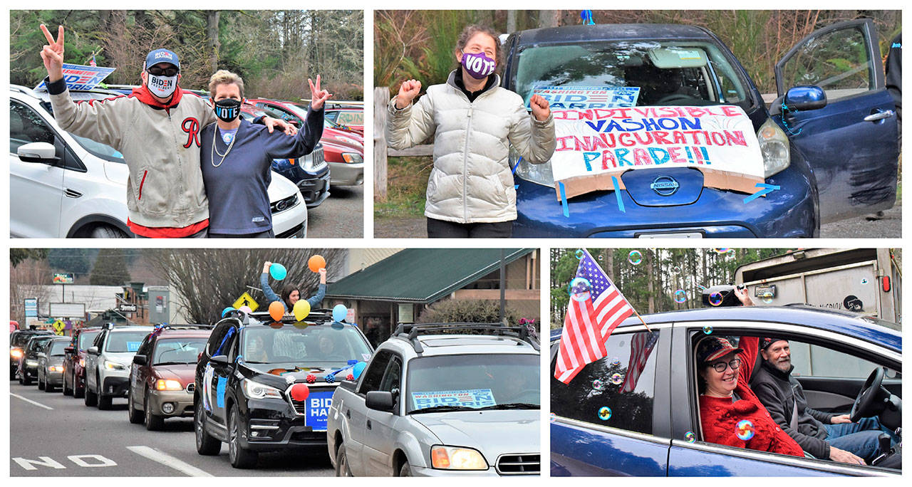 Suzanne Greenberg (top right) danced in front of her car, which led Vashon Indivisible’s inaugural parade through Vashon on Jan. 20. Deb Pierce McCabe (bottom right) hoisted a bubble machine through her sunroof, while Marc Pease and Suzanne Mager donned festive election-themed mask-wear for the occasion (top left). The parade started at Island Center Forest Trailhead at 188th St. and wound its way through Vashon before making its final lap through the middle of town (bottom left) (Jim Diers Photos).