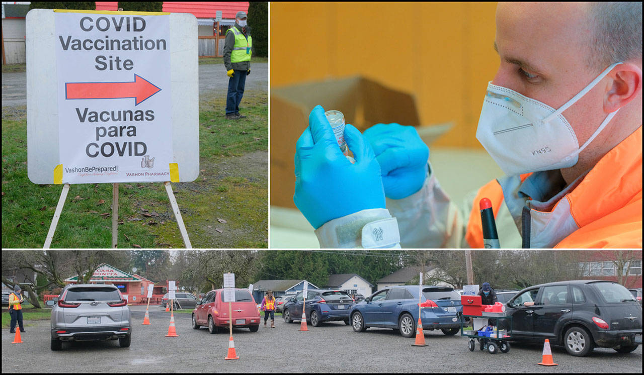 The Vashon Pharmacy drive-through site opened last week, but by Monday evening was out of vaccine doses until replenished by the state Department of Health. Signs (top left) guide patients to a staging area at the Vashon Theatre parking lot where they are checked in. Pharmacists fill syringes (top right) in a mobile office set up beside the pharmacy. CERT volunteers do the check-ins and guide patients into lanes at the vaccination lot (bottom). After vaccination, patients are monitored for a mandatory 15-minute observation period by Medical Reserve Corps volunteers (Michelle Bates Photos).