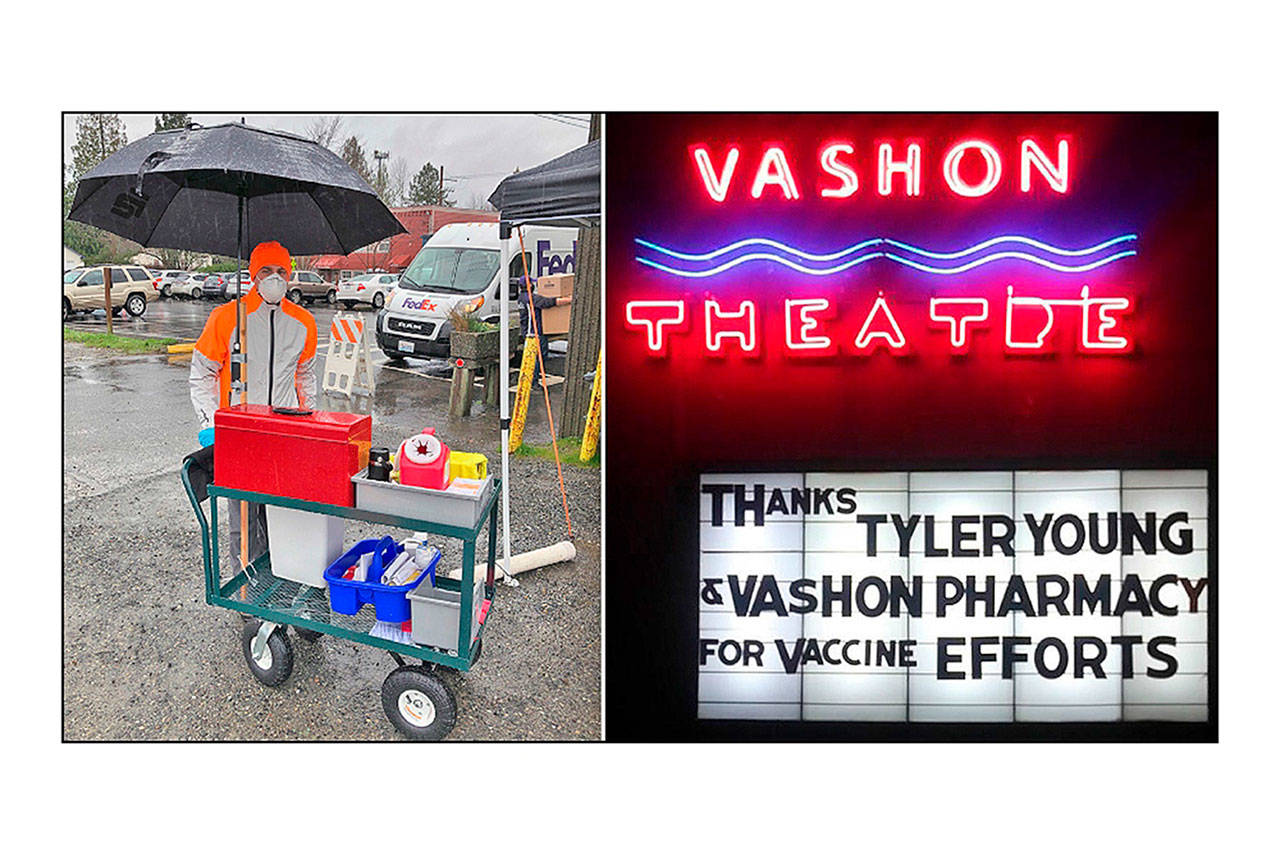 At last week’s All Hands Briefing, open to all our pandemic volunteers, the group thanked Tyler Young, owner of Vashon Pharmacy, for his community service, which has required a major disruption to his store as well as risking thousands of dollars to offer the drive-through vaccinations to the community. He is shown here on the left with his injection support cart during a day where operations continued despite the pouring rain. Thanks also went to Vashon Print and Design (printing services and information), Vashon Theatre (parking lot), and Island Queen (restrooms) for their ongoing support of the vaccination site. In typical Vashon style, people have been offering pastry and other food to workers at the vaccination site. Sadly, no fresh food items are allowed at either the vaccination site or the testing site, because exchanging or gathering for food could be a vector for disease transmission (Courtesy Photos).