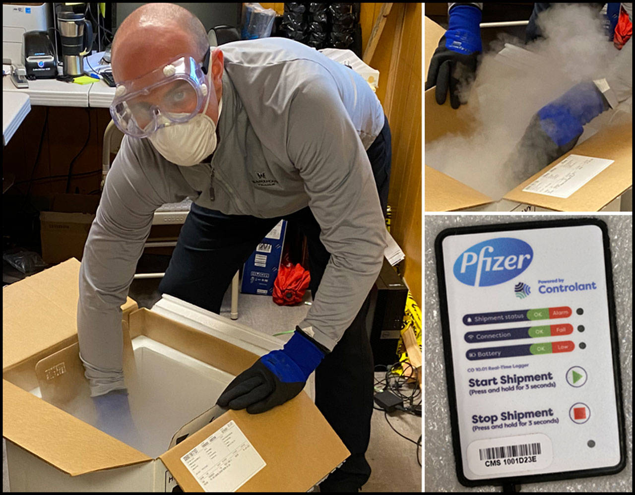 <strong>Precious cargo:</strong> Vashon Pharmacy owner Tyler Young unpacks a box of 1,170 doses of vaccine, minutes after its arrival Monday morning. The vaccine comes packed in dry ice with a temperature logging device to make sure the vials of the vaccine are kept at the required super cold frozen state during the entire journey from the factory (Courtesy Photo).