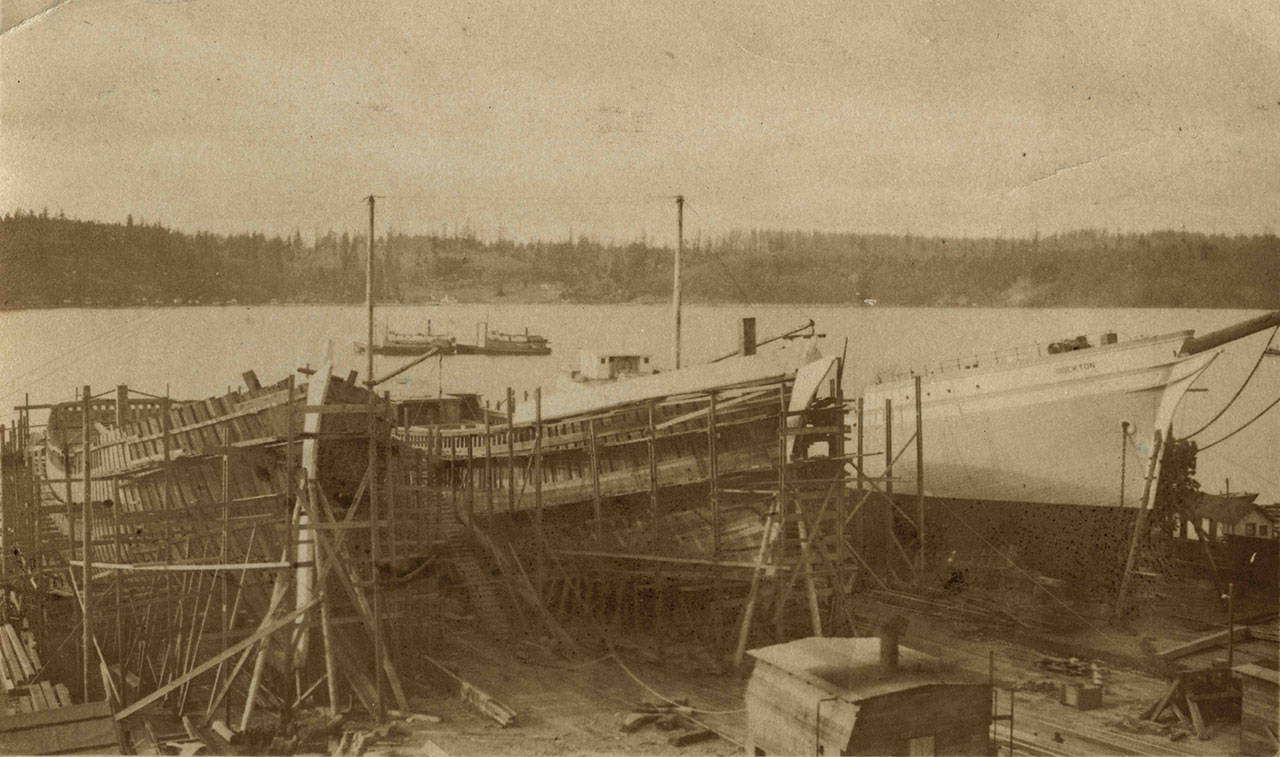 Martinolich Shipyard, in 1918, with three schooners on the way (Photo Courtesy of Teresa Anderson).