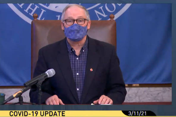 Screenshot from Gov. Jay Inslee’s press conference March 11, 2021.