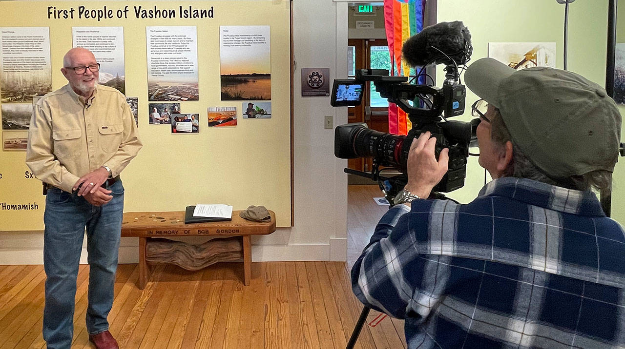 At a recent video shoot for Vashon Heritage Museum’s upcoming fundraising event, Jeff Dunnicliff captured local historian Bruce Haulman’s enthusiasm for the work of the small local history museum (Courtesy Photo).
