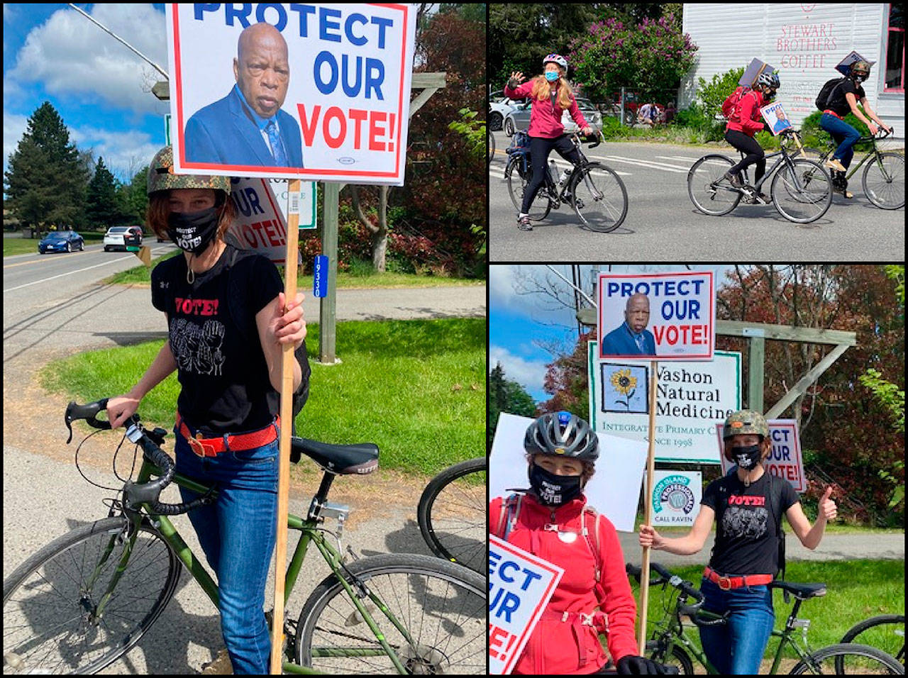 Molly Matter, with other activists on Vashon, holds a sign aloft, promoting legislation to protect voting rights and end the filibuster. Vashon’s ‘votercade’ — a group described by one participant as “small but mighty,” included both cars and bicycles, with drivers raising noise and awareness about the legislation now before Congress (Jen Williams Photos).