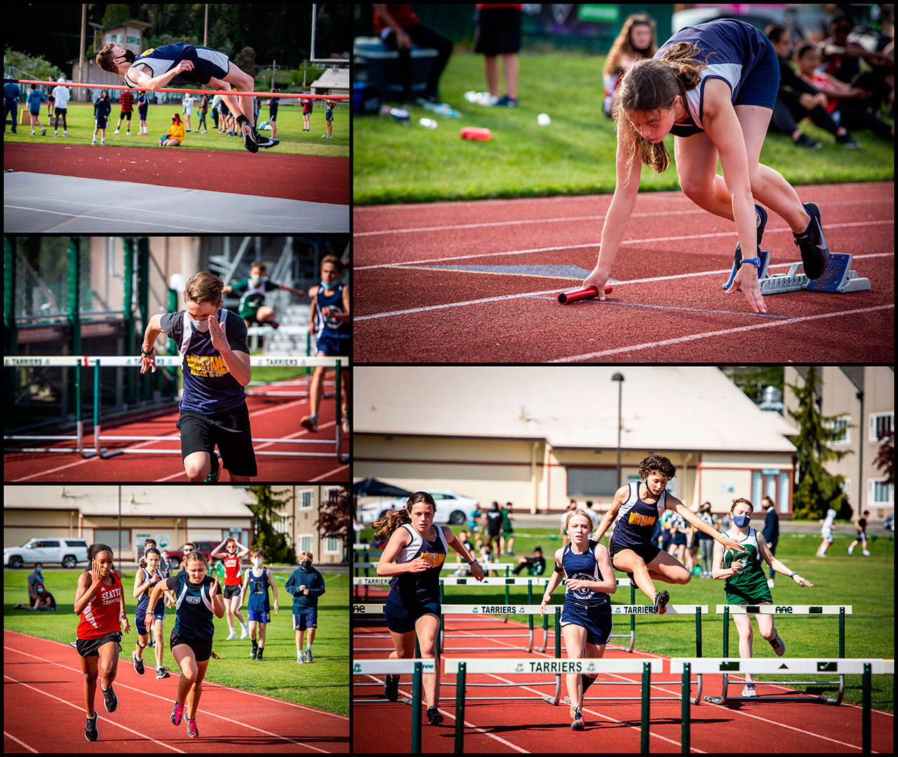 Top left, Rowan Marceau-Roache clears five feet in the high jump for victory. Top right, Lena Puz leads off Mustang Girls’ 4x100-meter relay. Center-left, Finnian Lawler finishes strong in the 75-meters hurdles. Bottom left, Laurel Calhoun in a tight race against Seattle Christian’s Tatum Carter. Bottom right, Hurdlers Neve DeVoght and Lena Puz in the 75-meters hurdles (Dawn Stief Photography).