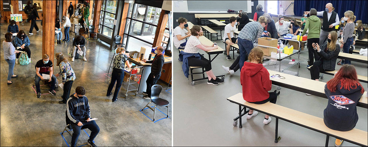 Over the past several weeks, more than 400 adolescents got their COVID-19 shots in scenes like this at Vashon High School (left) and McMurray Middle School (right). Of the 400, about 70 now have their second doses. Additional second-dose school clinics will take place on June 7 and 10. That means all of the youth aged 12 to 18 years will be able to complete their vaccinations by the day school lets out, so they will have protection going into their summer activities (Rick Wallace and Michelle Bates photos).