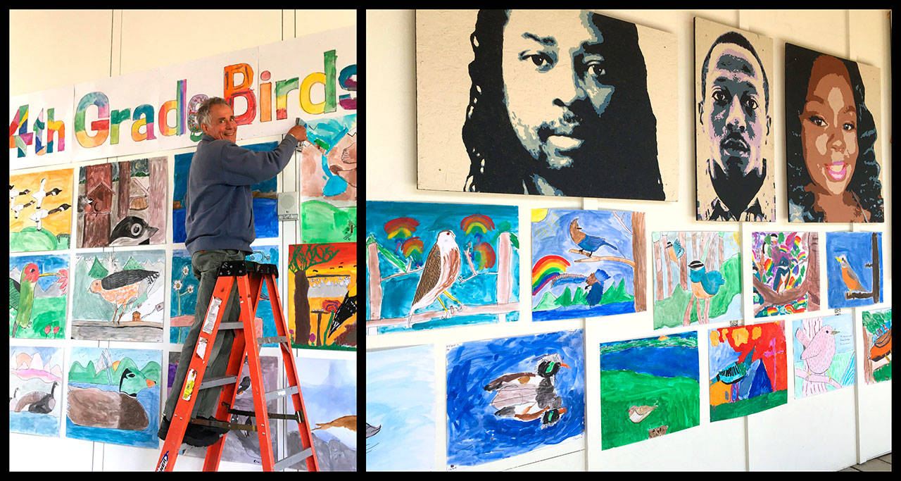On Monday, Bruce Morser installed the latest flock of fourth-grade birds at Vashon Center for the Arts, both inside of the arts center and outside, in VCA’s breezeway. Outside, the birds are sharing space with portraits created by local artist West McLean, for the Vashon Remembrance Project — an idea, Morser said, that McLean thought was great. Morser, an award-winner local illustrator, VCA board member and Vashon Artists in Schools teaching artist, has worked with fourth-grade students at Chautauqua on the annual project for the past four years (Madeline Morser Photos).