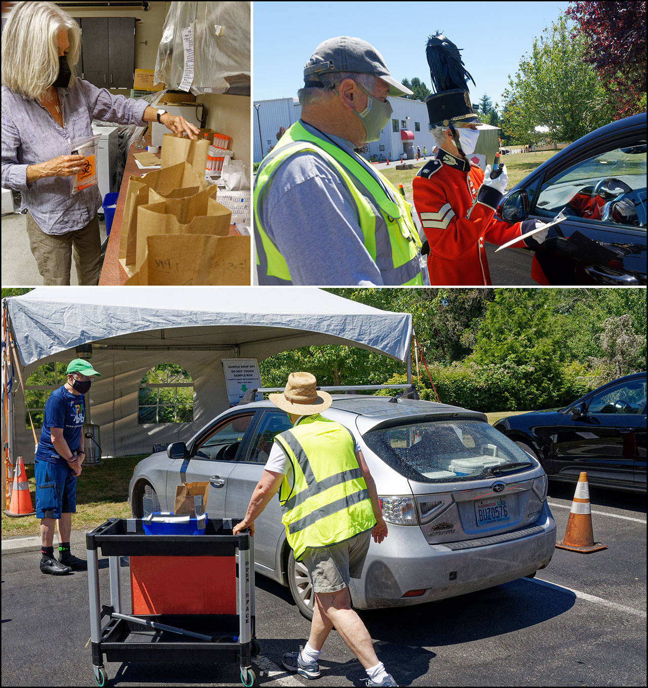 Last Day at the COVID Test Site (Friday, June 25, 2021): An MRC volunteer bagged up the last seven nasal swab test kits (top left). CERT greeters had a bit of costume fun but like clockwork still performed the meticulous check-in process for arriving patients (top right). On the testing line, MRC and CERT volunteers made their final well-practiced and coordinated moves to supervise one of the final self-administered tests (bottom). 
Long-time CERT volunteer Allen de Steiguer reminisced about the experience. “Most of our volunteers signed up on day one, and they have been working without a stop for 15 months of the activation. We couldn’t make them stay home! This work became our lives,” he said. “We learned a lot about ourselves, our CERT team and what we can do, along the way, sharing about our families, and way too many bad jokes. We experienced, over a long time how CERT fits into the whole VashonBePrepared coalition, how our skills dovetail with the Medical Reserve Corps and the Emergency Operations Center. This was essentially a very long training exercise, but in this case, it was real because we were helping people stay healthy.”
CERT volunteer Patricia Toovey added, “And one very special part of this work has been the appreciation from our community. People would come through the testing or vaccination line and be full of gratitude, or they’d walk up to us in the grocery store to say thanks” (Rick Wallace Photos).