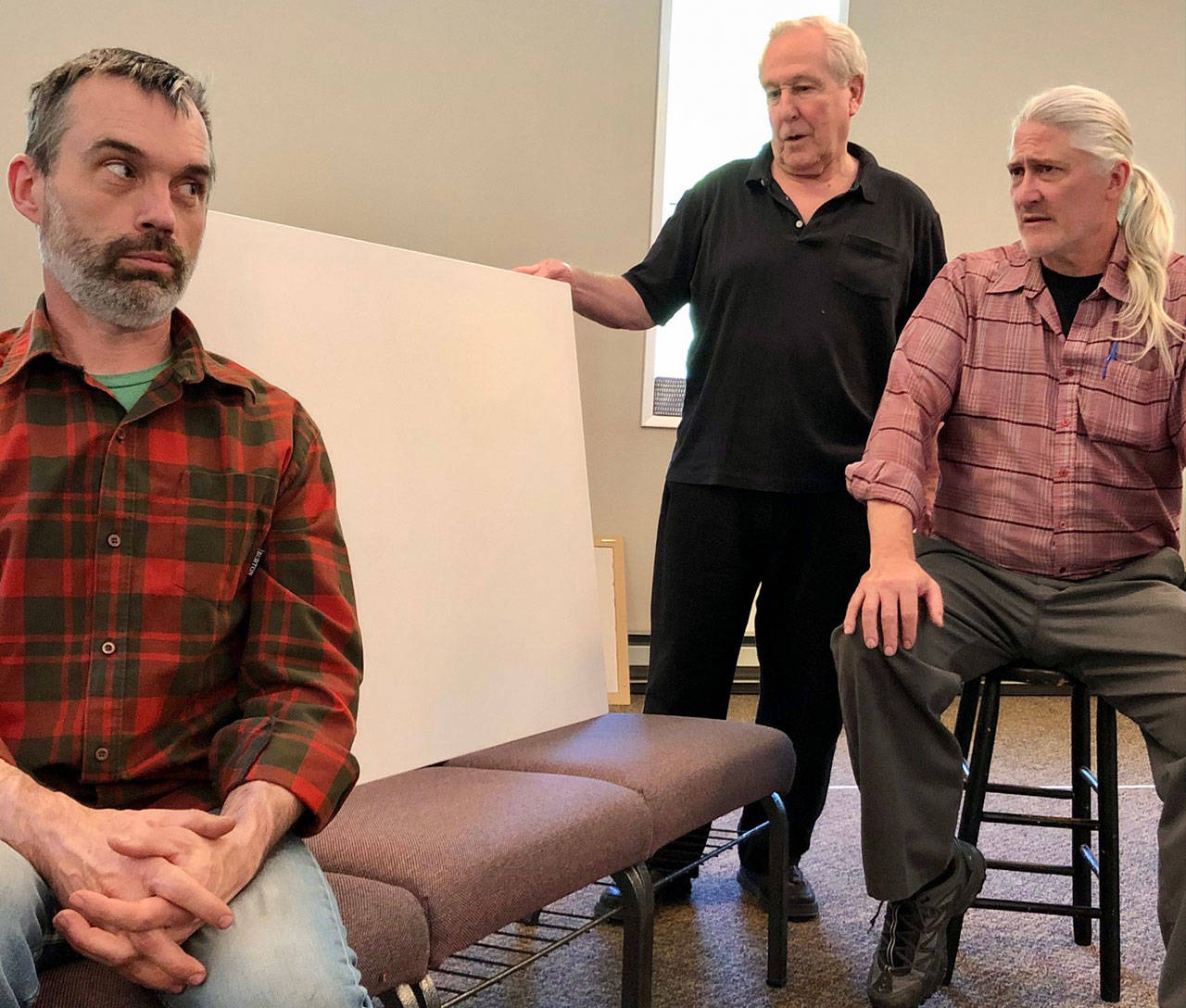 The actors in Drama Dock’s production of “ART,” include (left to right) Jon Kuzma, Steve Jones and Bill Epstein; playing characters whose friendship frays over a large, all-white painting (Courtesy Photo).