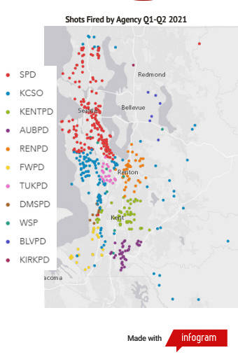 Map of all of the 2021 shots fired incidents in King County (credit to King County Crime Strategies Unit)