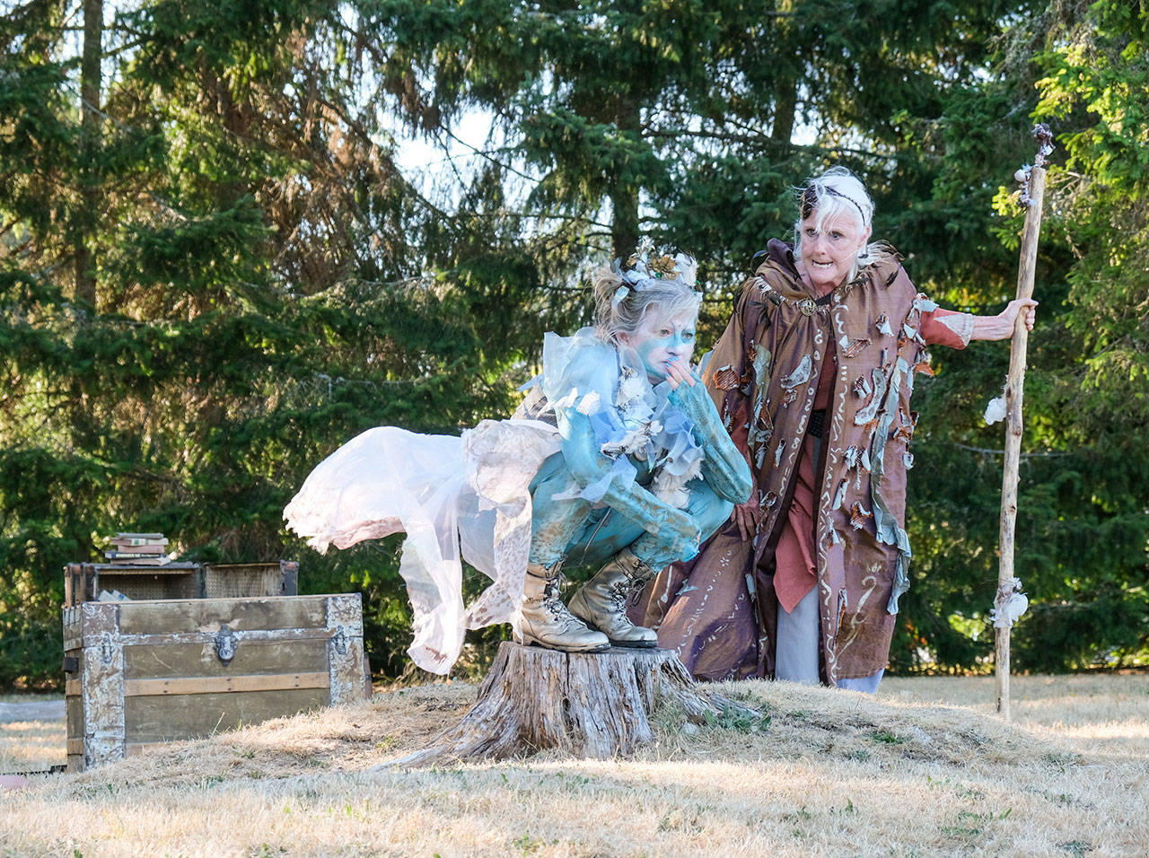 Mik Kuhlman, as Ariel, and Jeanne Dougherty, as Propero, tear up the stage in Vashon Theatre Fest’s production of “The Tempest” (Michelle Bates Photo).