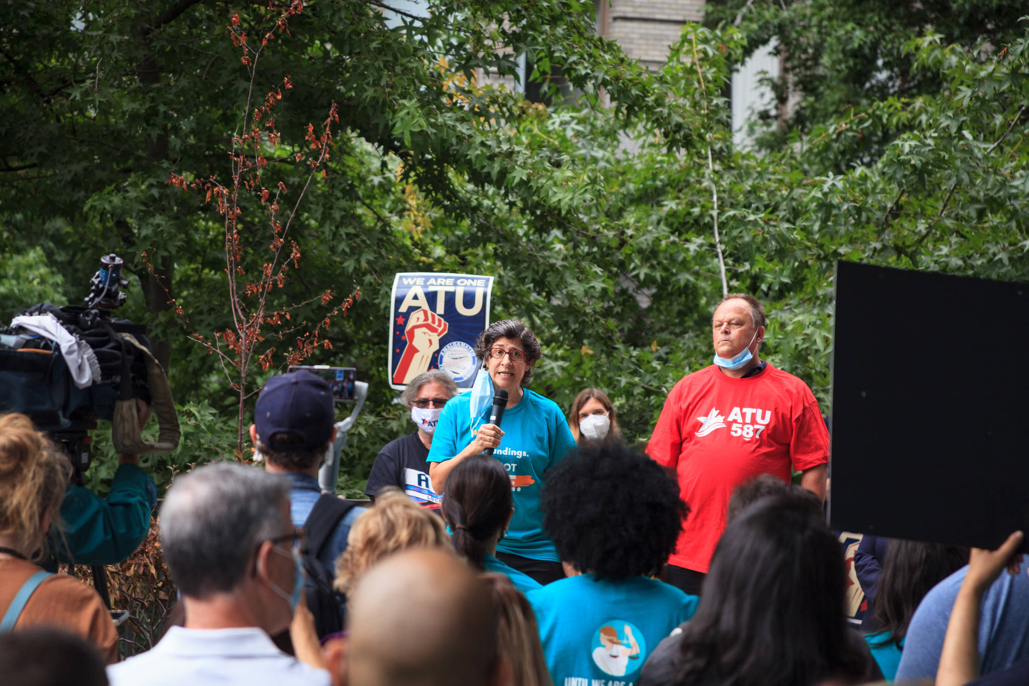 Amy Freedheim gives a speech to county employees and supporters during a march for womens safety at work in Seattle on Friday, Aug. 6, 2021. The march was scheduled after a woman was attacked in a bathroom at the King County Courthouse. Photo by Henry Stewart-Wood/Sound Publishing