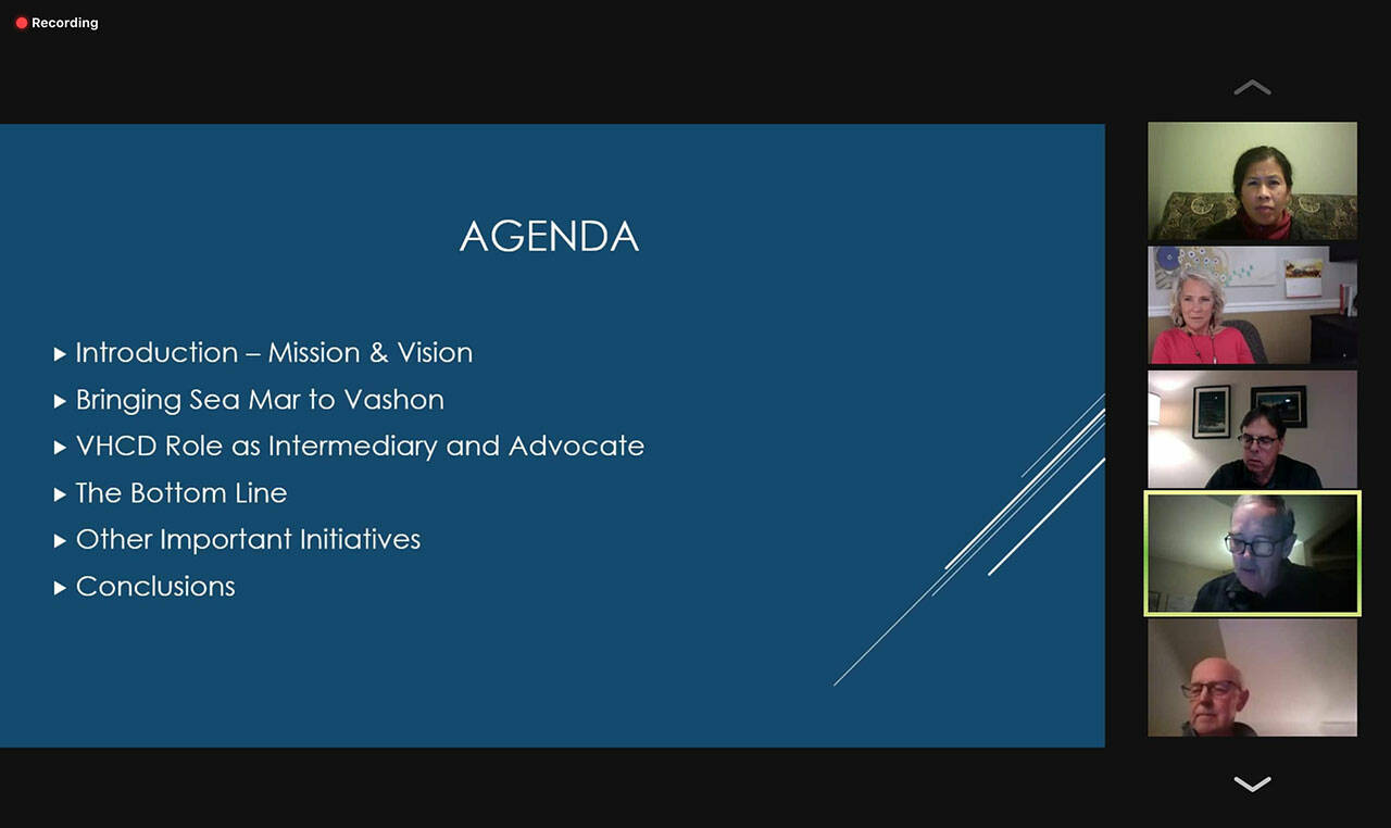 (Staff Screenshot) The agenda for the Healthcare District meeting, which was held over Zoom. On the right, from top to bottom: Administrative Director JoJo Weller, Commissioner LeeAnn Brown, Superintendent Eric Jensen, Board President Tom Langland and Commissioner Eric Pryne.
