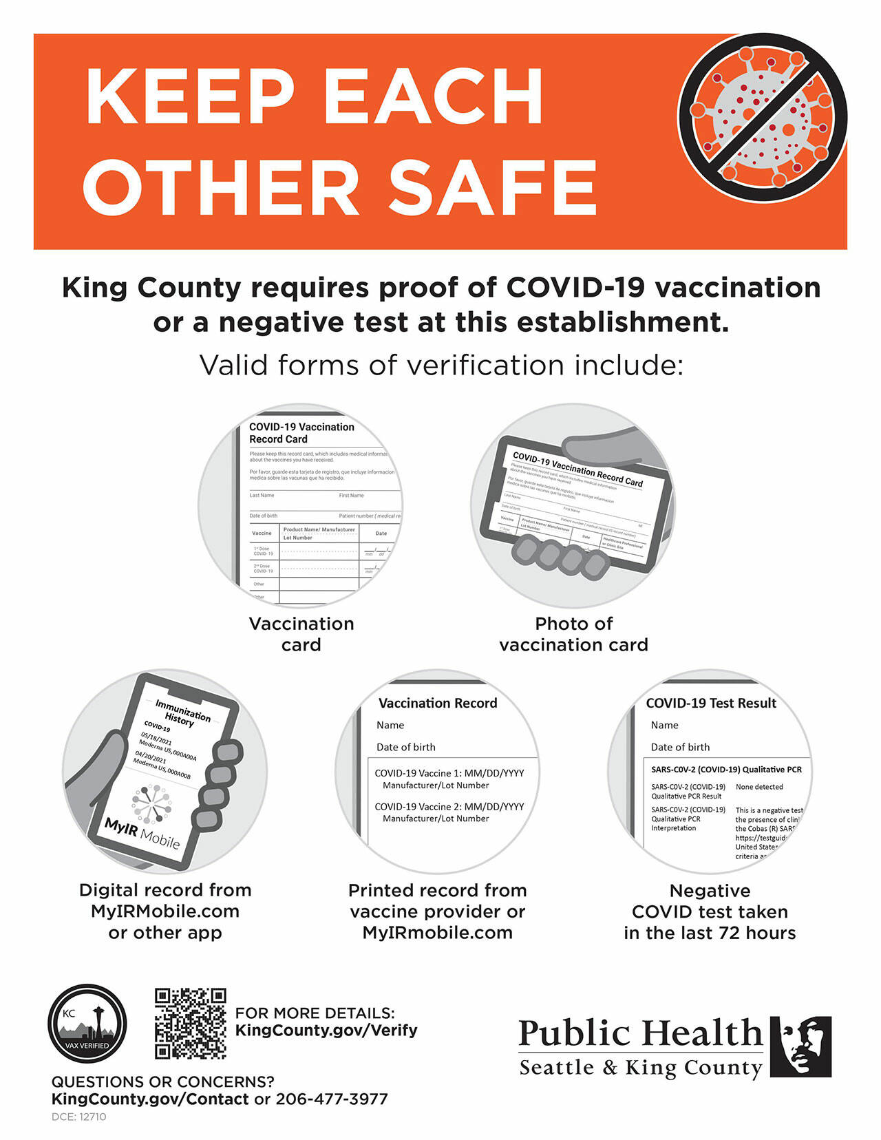 (Image Courtesy Public Health Seattle & King County) This signage is required to be displayed at public entrances for establishments and events included in the new vaccination verification mandate.
