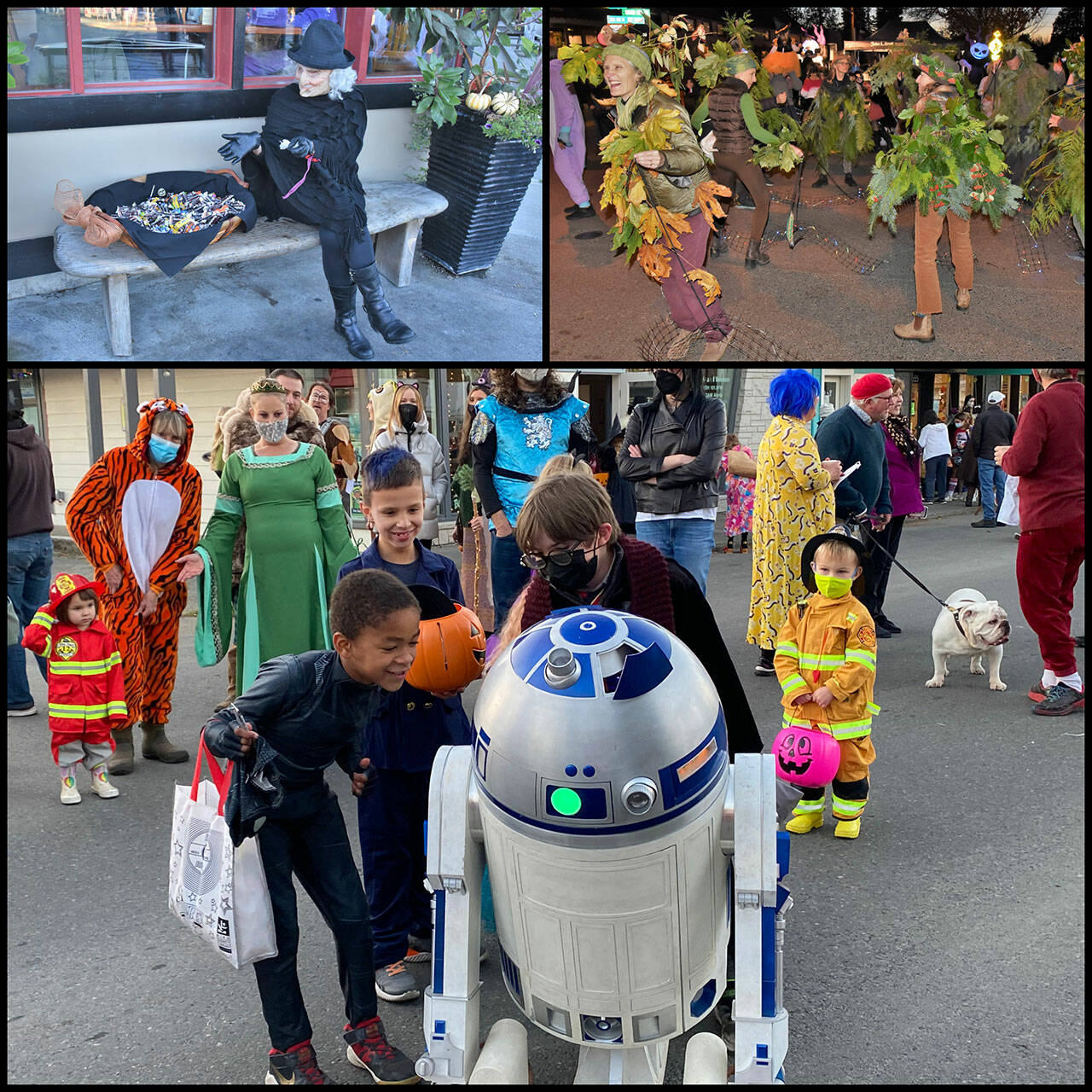 Tom Hughes (bottom) and Jim Diers (top) Photos
Scenes from a Halloween night on Vashon: costumed kids swarmed a roving R2D2, business owners dressed up to deliver candy to swarms of trick-or-treaters, and a raucous street dance broke out after sunset.