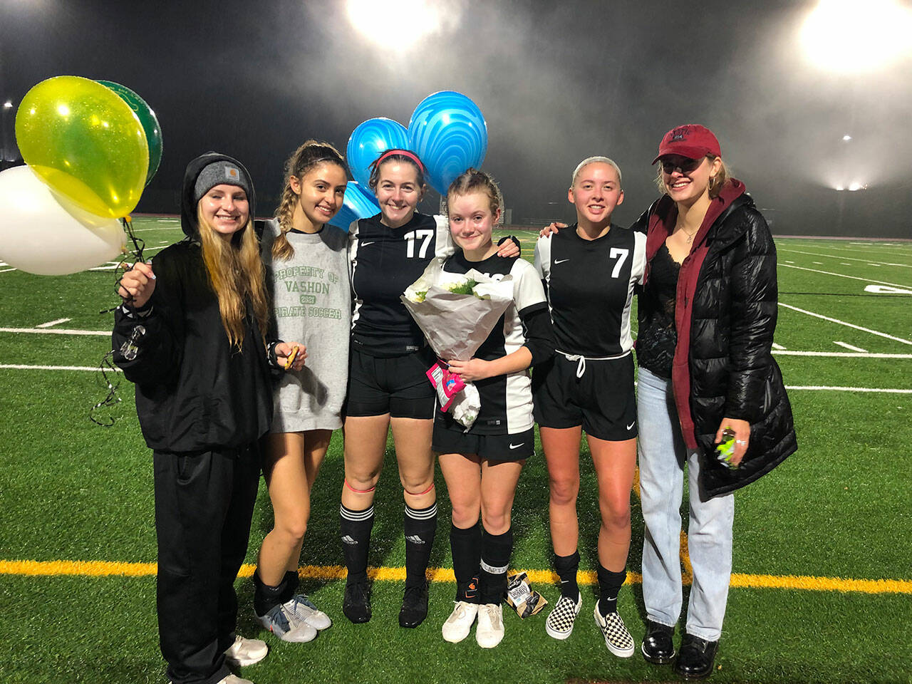 (Jenni Wilke Photo) Senior night for Girls Soccer: (left to right) Kaitlyn Bonaventura, Nicki Becker, Lucy Wing, Phoebe Wilke, Franki Brown and Cait Jeffcoat.