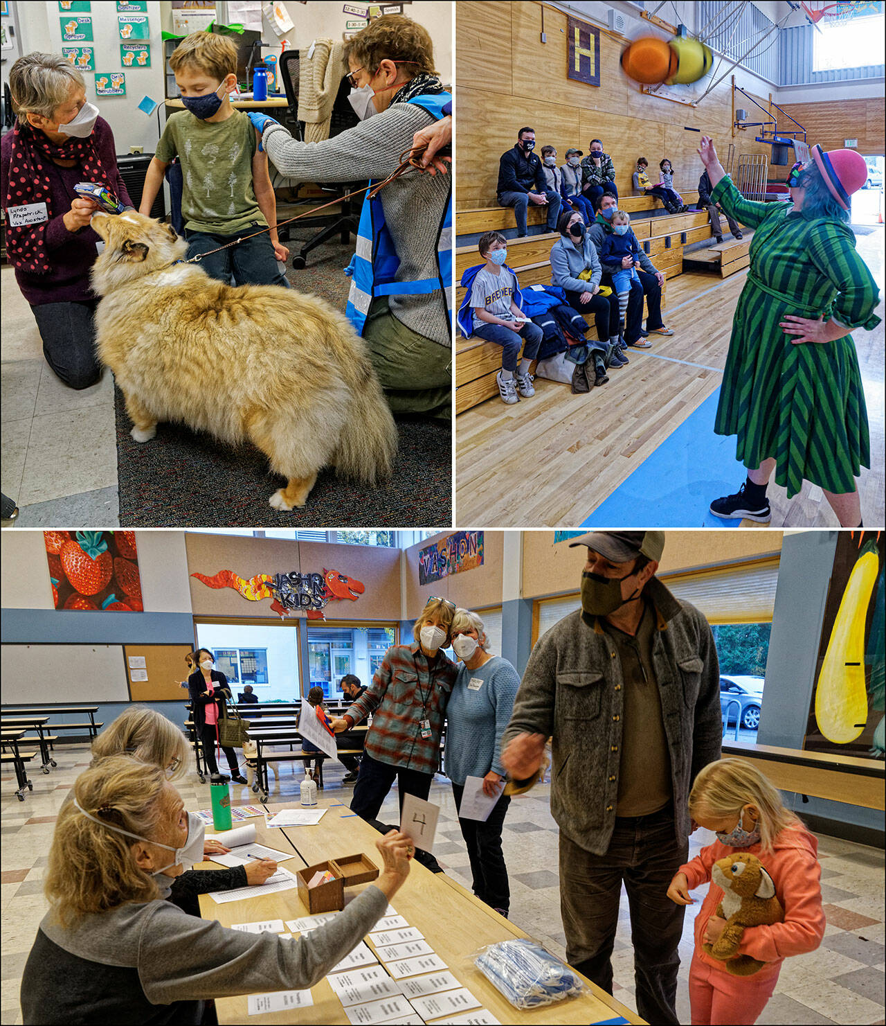 (Rick Wallace Photos, with permission of parents and children)	Six-year-old Silas Gray (top left) got his shot with comfort dog, Maddie, by his side, along with handler Mindy Melville (out of the picture). Clown Luz Gaxiola (top right) kept families entertained for the 15-minute post-shot observation period. Check-in was smooth as Dr. Mary Bergman and EOC Mass Care Section Chief Marijke van Heeswijk (center rear) assisted families at CES.