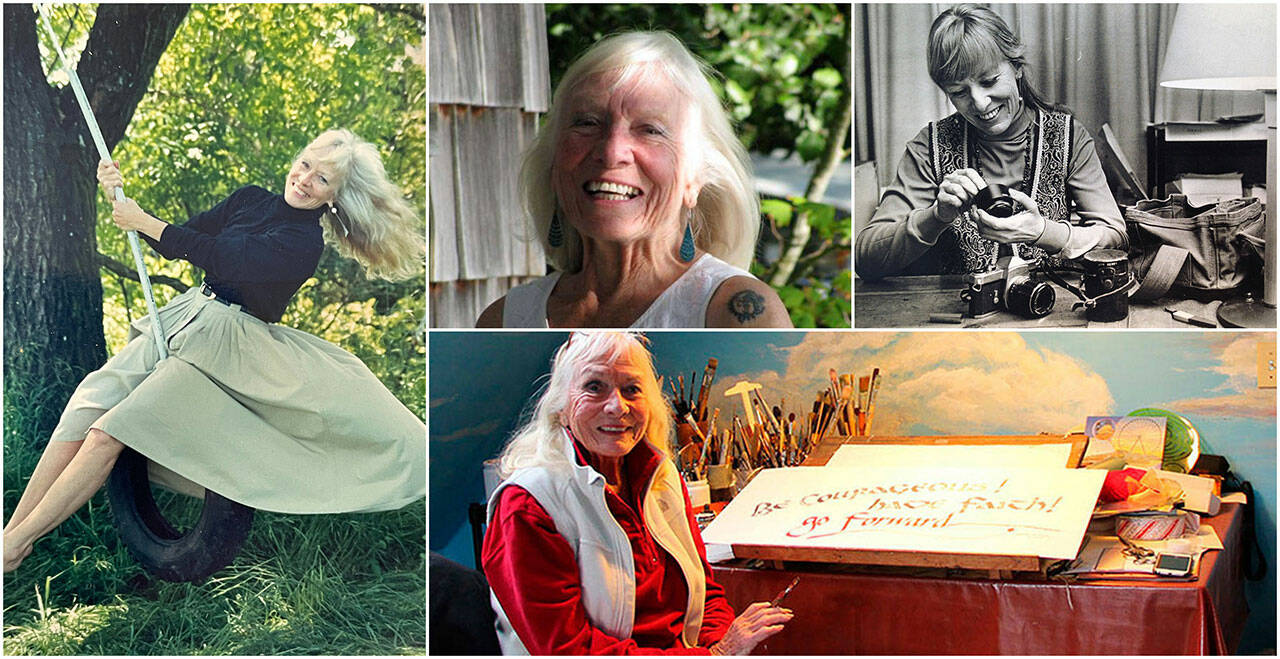 (Clockwise from left) Kaj Berry, in the mid-1990s and later, on Vashon; during her years as an award-winning photo-journalist, and in her studio, in 2018. (Family and Juli Goetz Morser photos)