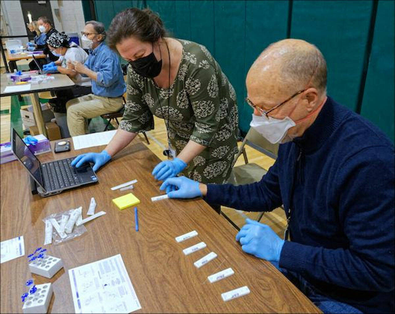 (Rick Wallace Photo) <em>Mass Testing for Dozens:</em> Well over 200 students were tested for COVID last week in two sessions at the high school gym. A team of School District and MRC volunteers pulled it off. In the foreground, MRC volunteer Dr. Chris O’Brian and School District COVID Coordinator Lara McKnight check the antigen test results and enter them into the District’s logging system. In the background at other testing stations: MRC volunteer Dr. Jim Bristow, School District Coordinator Melissa Aguirre-Lopez, School District Athletic Director Andy Sears, and School District Human Resource Director Amy Sassara. An MRC team also was standing by to run PCR tests as needed for high-risk individuals and verification of the rapid test results.