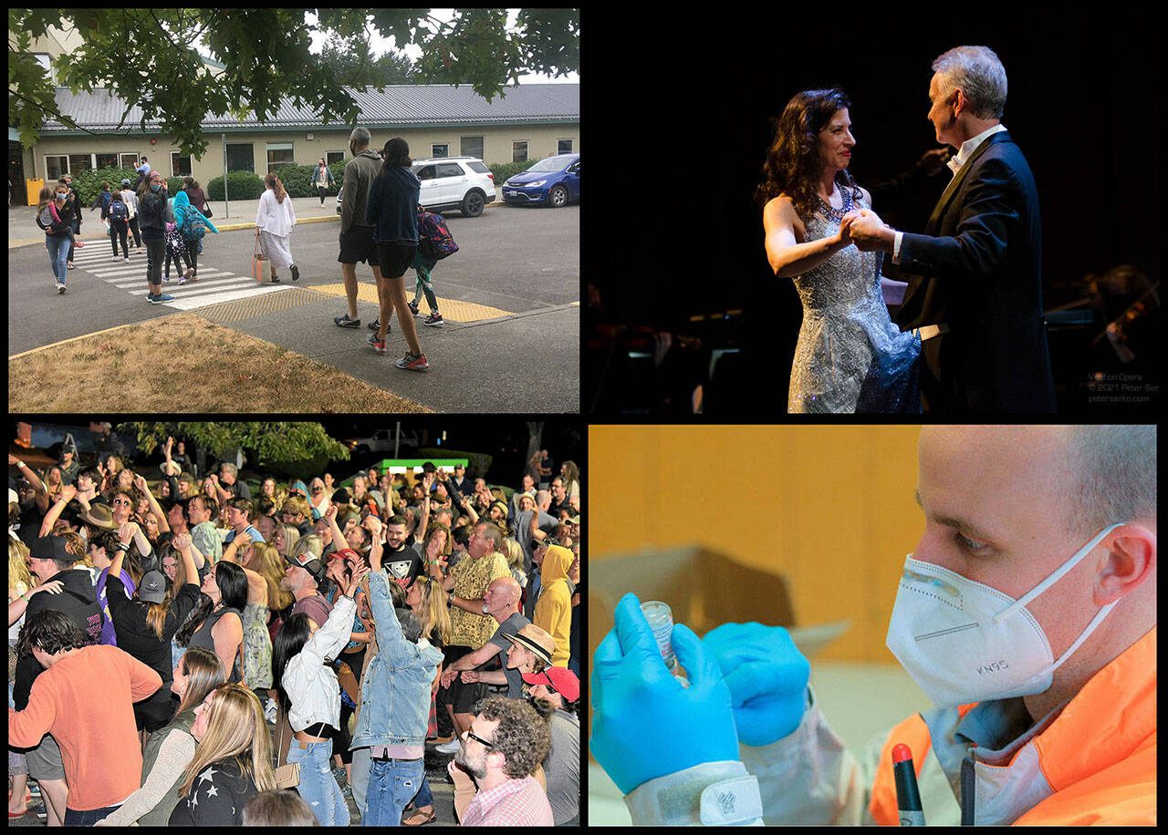 (Photos by Elizabeth Shepherd, Michael Sage, Jim Diers and Michelle Bates) In 2021 (top left to right ), students returned to full-time in-person education. Vashon Opera, led by local luminaries Jennifer and Andrew Krikawa, performed once again at Vashon Center for the Arts. (Bottom left to right) Islanders also took an ecstatic chance to dance during a relative COVID lull at a hyperlocal Strawberry Festival. But in the story of the year, Vashon Pharmacy owner Tyler Young joined forces with Vashon’s Emergency Operations Center, Medical Reserve Corps, Community Emergency Response Team and Vashon School District to vaccinate Vashon at one of the highest rates in any King County community.