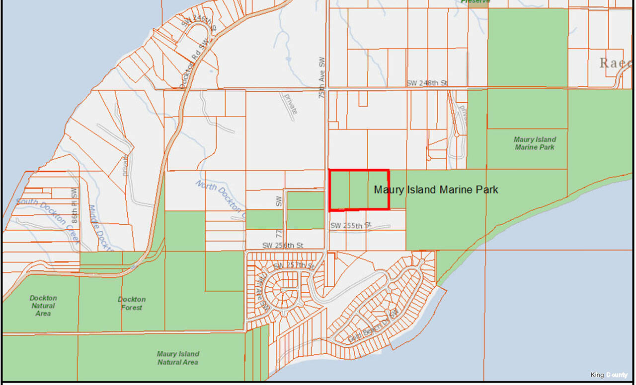 (King County Parks Graphic) The properties outlined in red were purchased by King County Parks in December, clearing the way for the construction of a long-planned trail connecting Maury Island Marine Park and the Dockton Forest/Maury Island Natural Area complex.