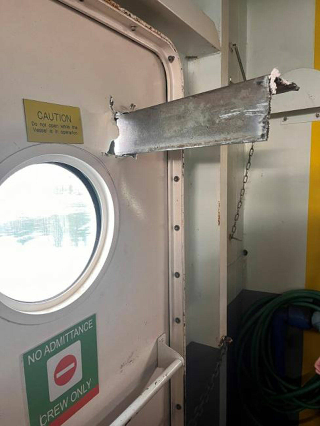 (Washington State Ferries Photo) Strong currents pushed the Chetzemoka into a dolphin, causing one of the structure’s supports to pierce a double-walled hull door.
