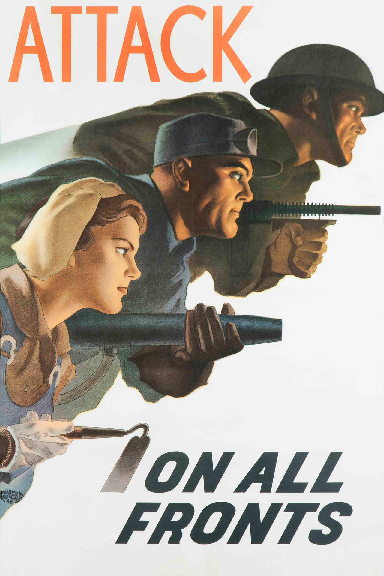 (Huber Robers (Canada) Artwork) Attack on All Fronts, included in the collection of Matt Bergman, was created in 1942, during WWII.