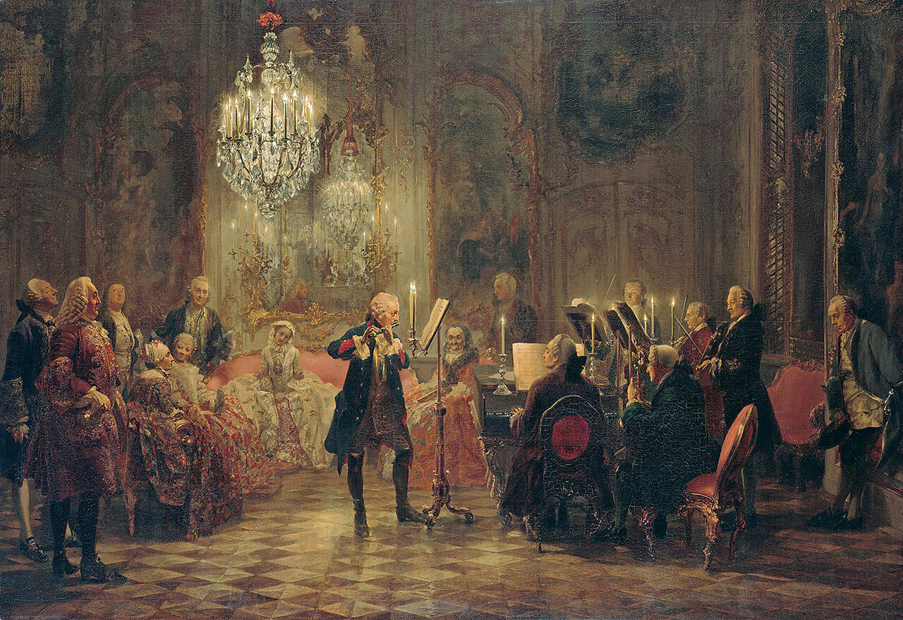 (Wikimedia Commons Artwork) In Adolph von Menzel’s “Flute Concert of Frederick the Great in Sanssouci” (1752) the king is playing the flute, his flute teacher Quantz leans against the wall on the far right, and Carl Philipp Emanuel Bach plays the harpsichord. At a concert on 12 p.m. Monday, April 25, at the Church of the Holy Spirit, Jeffrey Cohan will play an exact replica of the king’s flute.