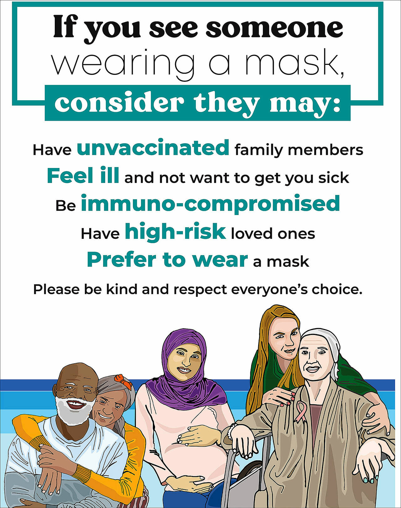 (Public Health Seattle King County Graphic) There’s more information on respecting those who choose to wear masks, including tips, advice, and downloadable free posters like this one bit.ly/PHSKC_RespectMasks.