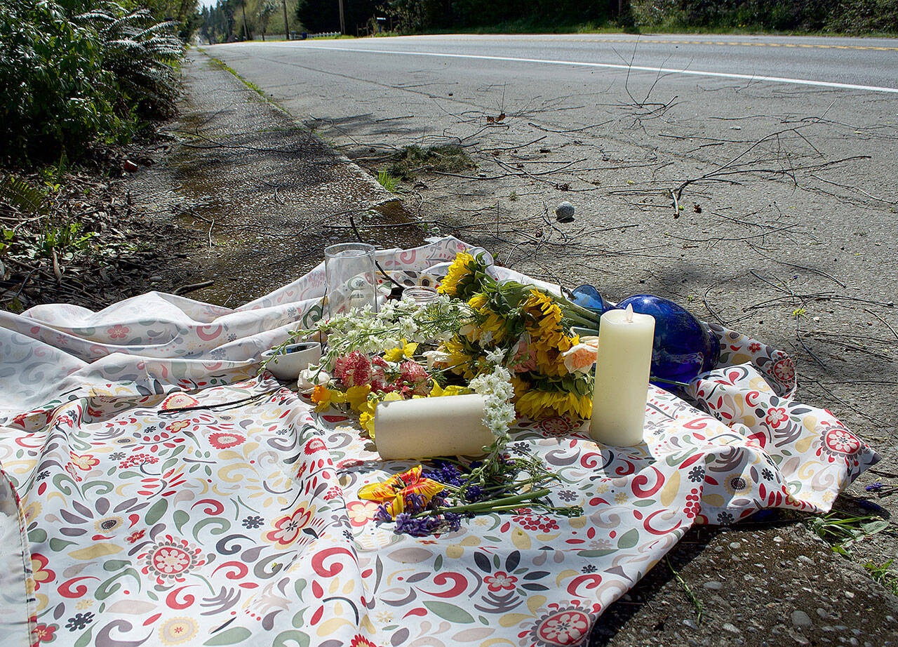 (Jenna Dennison Photo) A memorial for Nathan Dorn Jr. that was created near the scene of the hit-and-run on Vashon Highway SW.