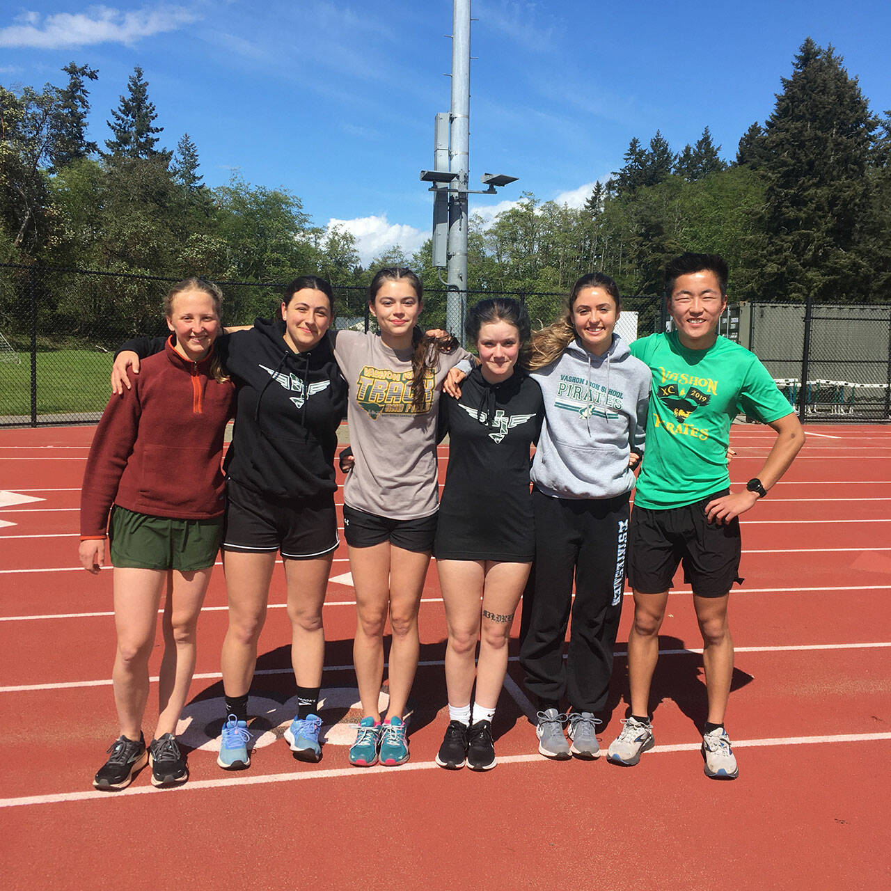 (Kevin Ross Photo) The 2022 team captains for VHS track field season, pictured from left to right are, Madeline Yarkin, Amelia Medeiros, Alana Bass, Phoebe Wilke, Nicki Becker, and Levi Blasingim. Not pictured, George Murphy.
