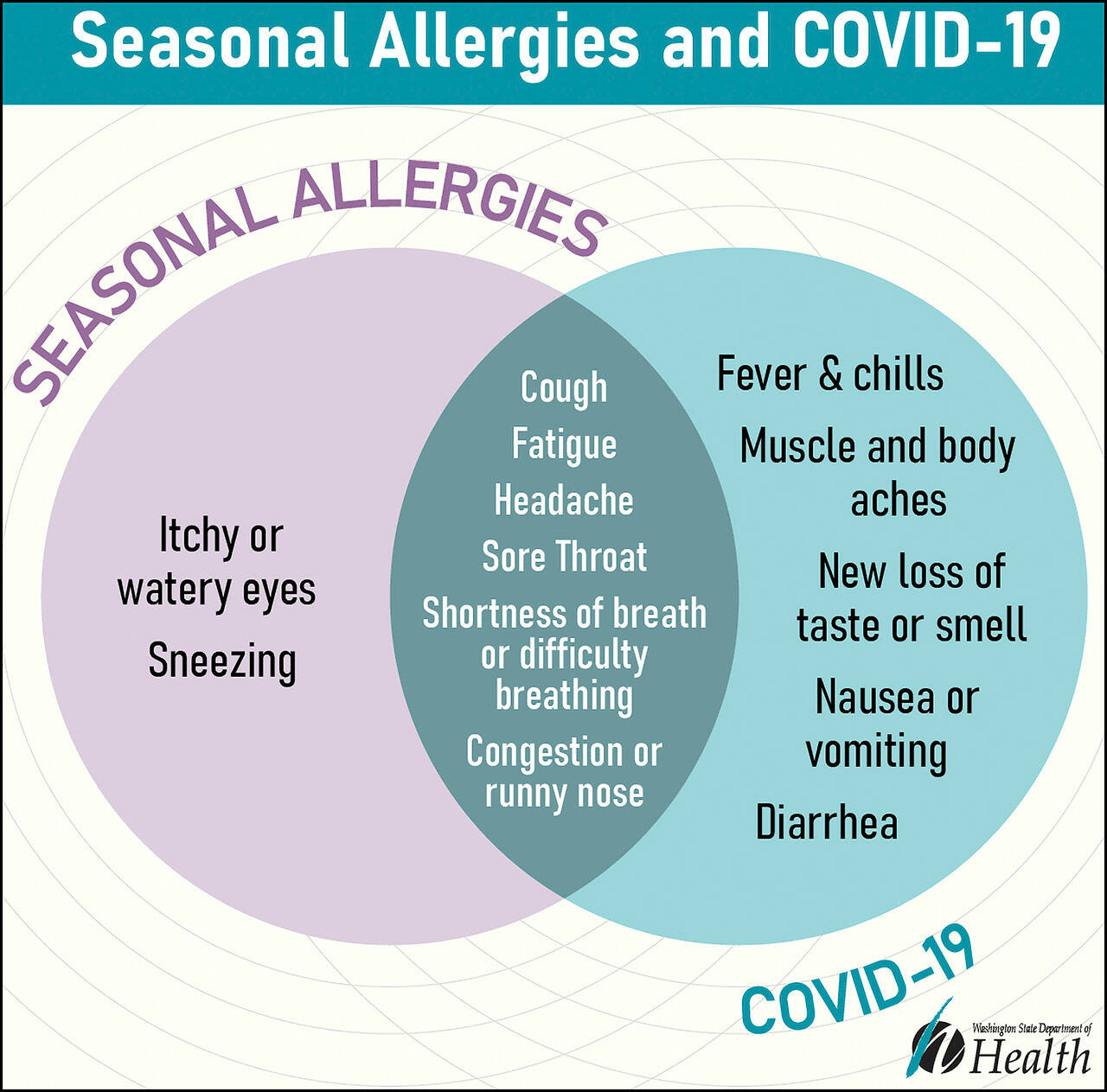 (Washington State Department of Health Infographic) This diagram shows how easy it can be to confuse a seasonal allergy (hay fever) with COVID.