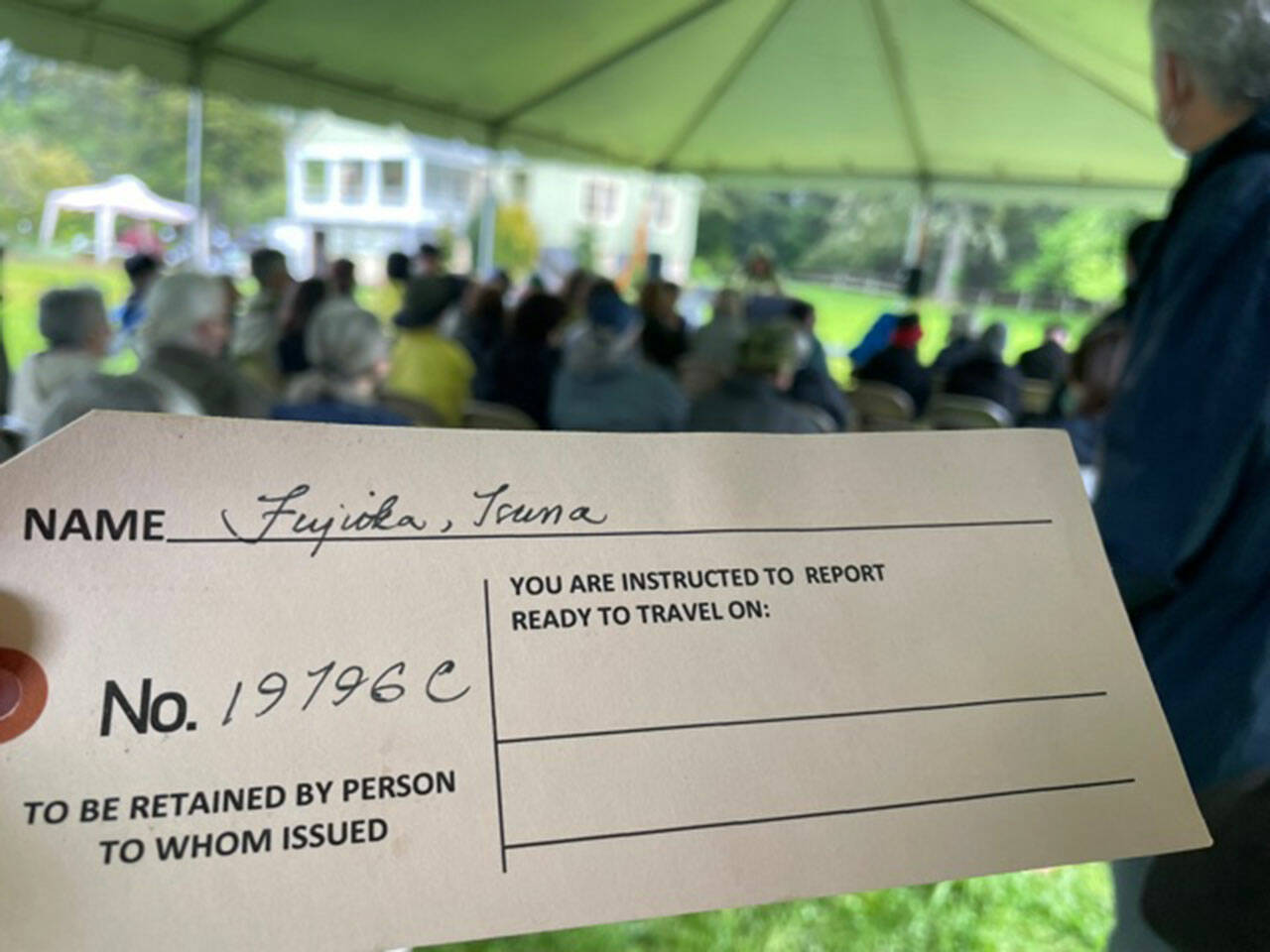 (Photo Courtesy Mukai Farm & Garden) Tags with the Vashon residents’ names who were removed from the island, identical to the tags used in 1942, were given to attendees of Mukai’s event.