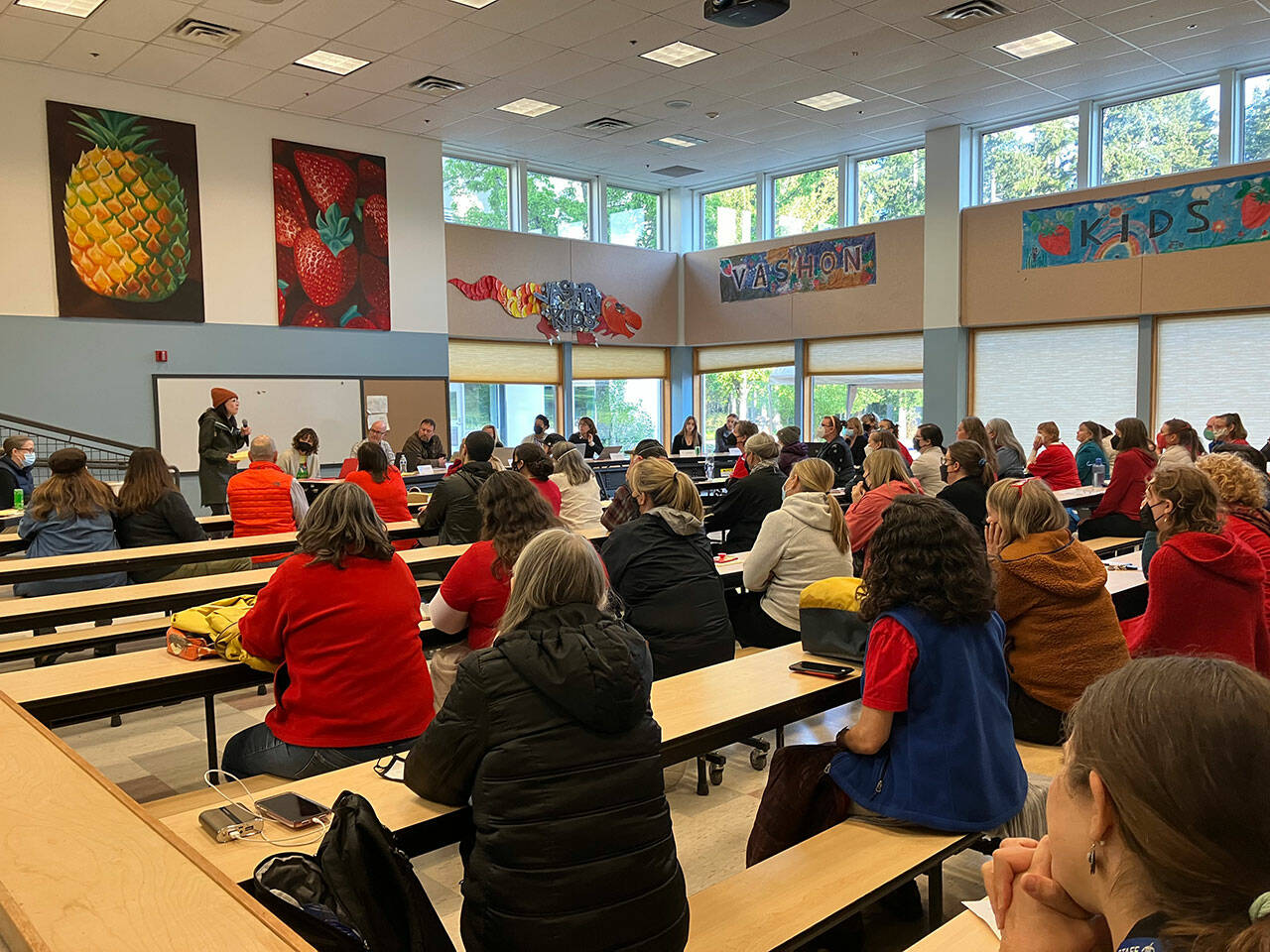 (Elizabeth Shepherd Photo) Approximately 80 members of the public attended a school board meeting on May 12, during which the board approved a package of staff cuts intended to restore $917,000 to the district’s 2022-2023 budget.