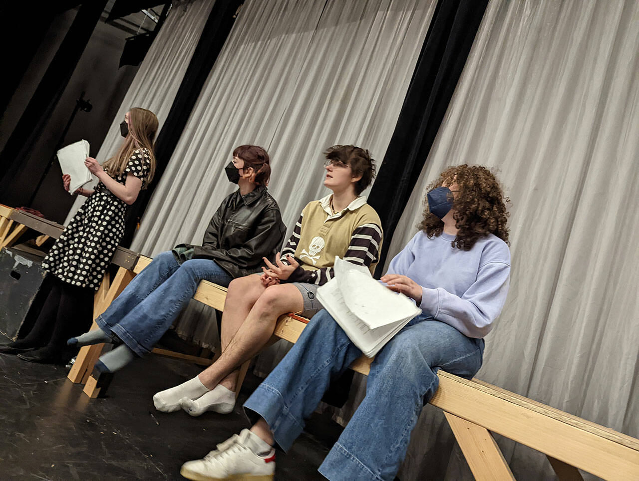 (Andy James Photo)	Cast members (left to right) Harper Hobson, El Otto, Ian Ingalls, and Raena Joyce, during rehearsals for “A Spirited Manor.”