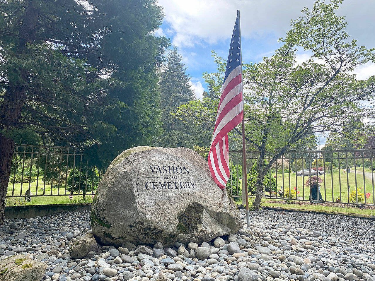 (Tom Hughes Photo) Vashon’s Cemetery’s entrance is now marked with a tribute to two local veterans who lived and raised their families side by side on Vashon.