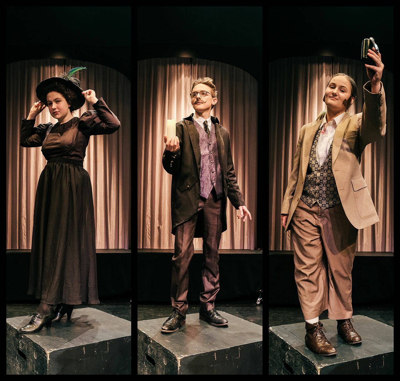 (Courtesy Photos) Raena Joyce, Nathan Campbell and Isaac Huff, dressed to kill in “A Spirited Manor” by costumers Stephanie Blower, Clementine Strain, Lyra Shannon and Eden Guthery.