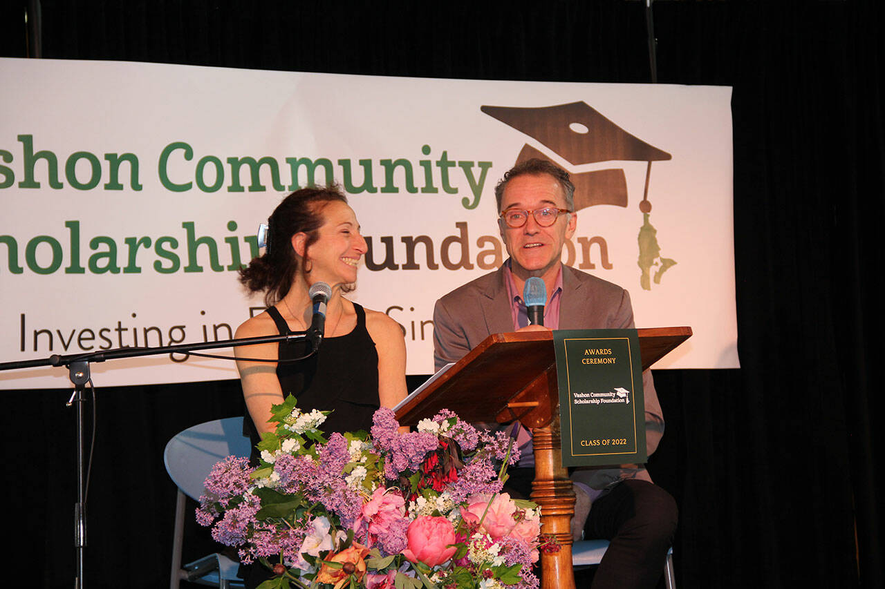(Photo Courtesy Anne Atwell)	Martha Enson (left) and Kevin Joyce (right) at the 2022 Vashon Community Scholarship Foundation Awards Ceremony. Due to a COVID outbreak, students were unable to attend this year’s ceremony.