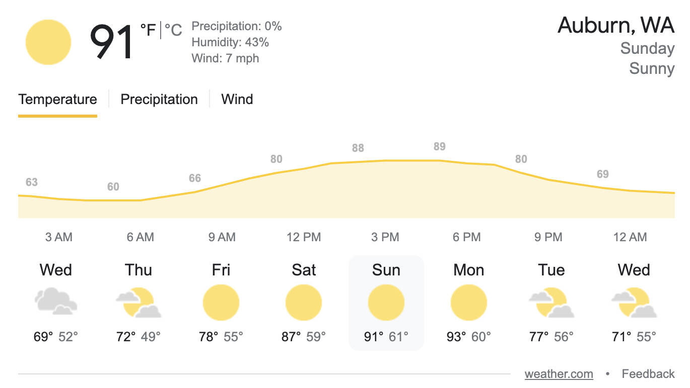 Weather.com forecast shows a high of 91 degrees in Auburn on Sunday, June 26.