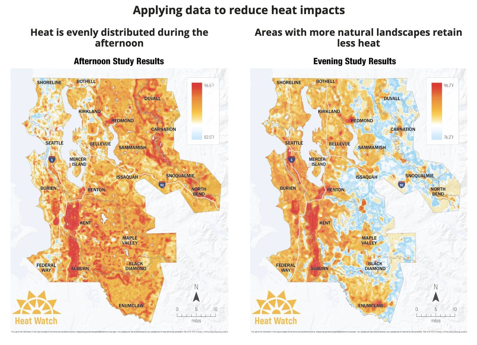 Results of King County’s heat-mapping project show Auburn and Kent trap heat for longer than surrounding areas. Courtesy photo.