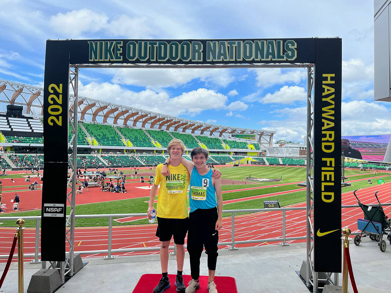 (Erin Schultz Photo) Eighth-graders Oskar CobbMaigetter (left) and Bodie Thomas (right) at Hayward Field.