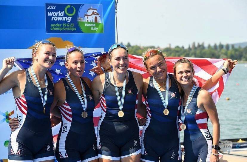 Kate Kelly, left, with the Bronze Medal 4+ crew. Lisa Worthy, U.S. Rowing photo