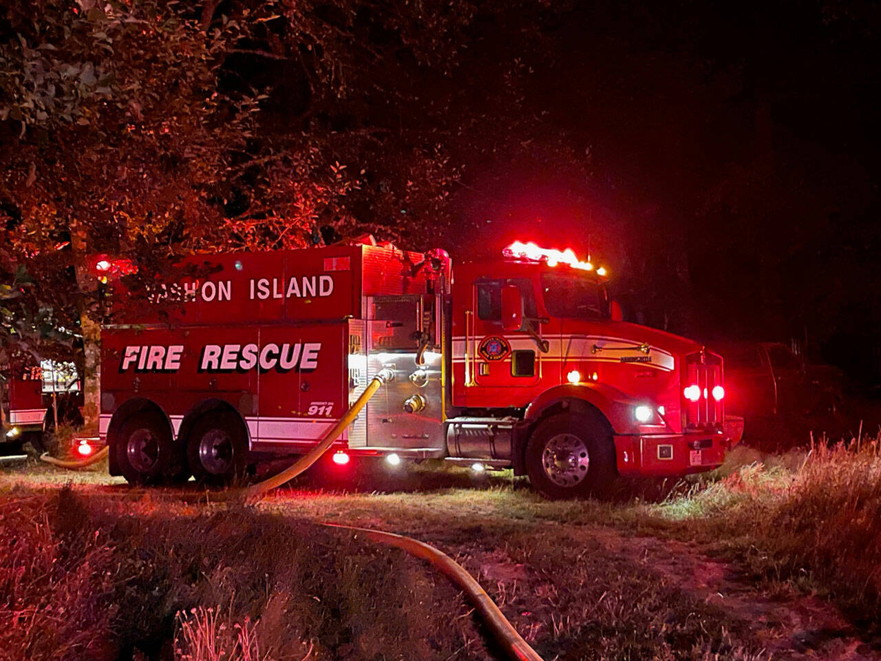VIFR fought the fire with water from tenders, as well as a foam application on hay in the barn, with firefighters working late into the morning to ensure the blaze was completely out. (Photo courtesy Vashon Island Fire & Rescue)