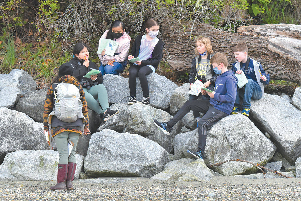 Volunteers from Vashon Nature Center and Vashon Audubon led 4th graders on a Camp Sealth birding expedition in 2021. A grant from PIE funded transportation and field guides. (Jim Diers Photo)