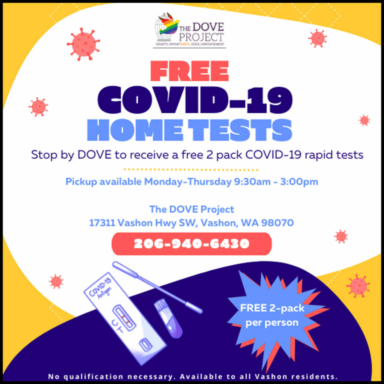 All islanders can get free home rapid tests by stopping by The DOVE Project. DOVE arranged a grant to fund the new community service. (Courtesy Graphic)