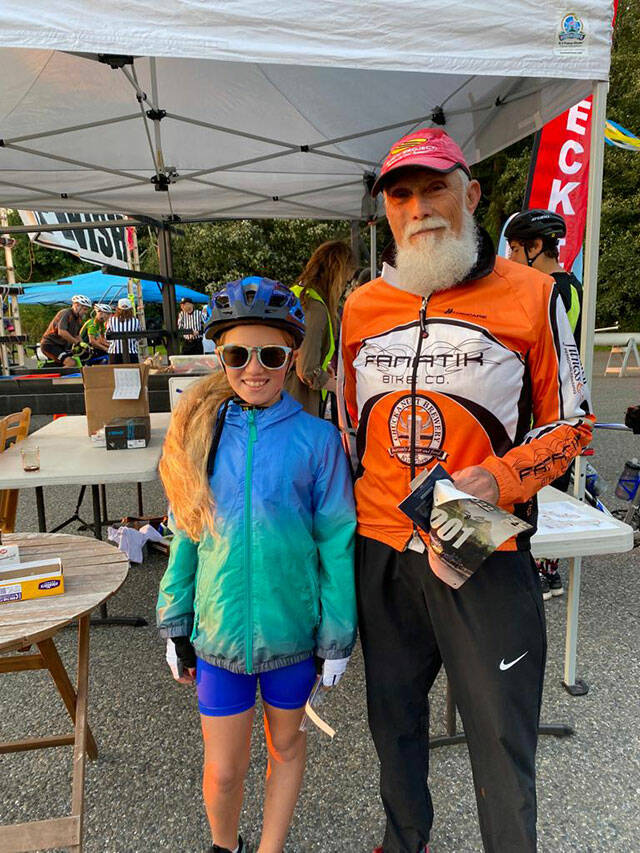 Juniper Lee (left) and Vern Trevellyan (right), both of Vashon, were the youngest and oldest bicyclists, respectively, in the Passport2Pain ride this year (Courtesy Photo).