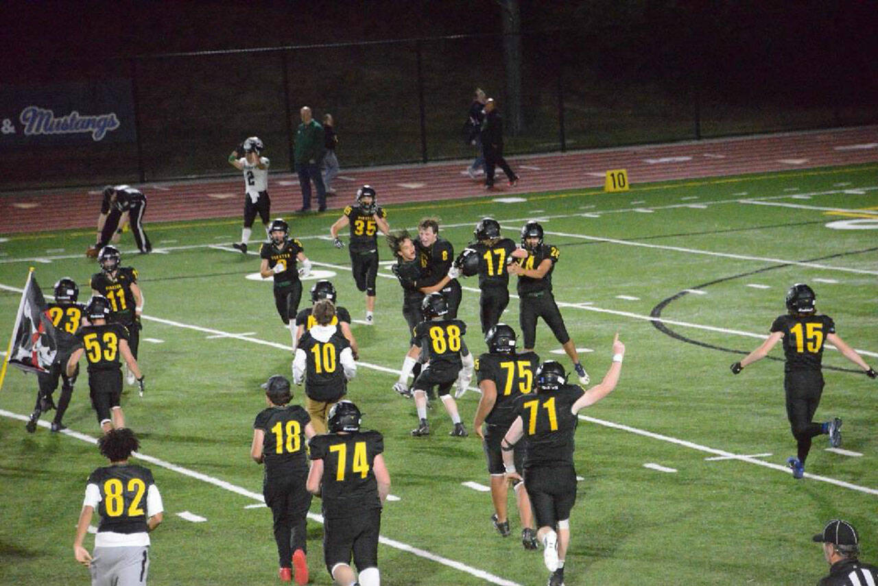 The moment the clock ran out on the game, Vashon Pirates celebrated their last-minute, hard-fought win against the Klahowya Eagles (Erika Carleton Photo).
