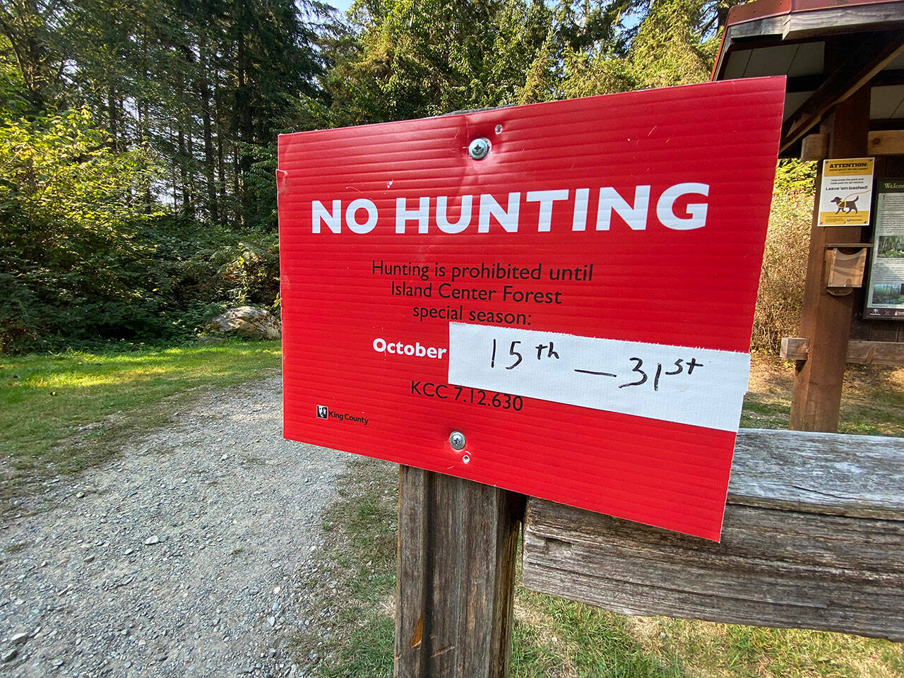 Tom Hughes Photo
Signs mark a brief hunting season that has closed Island Center Forest to other uses.