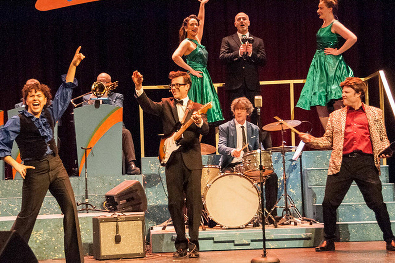Peter Serko Photo
Franco Weaver as Ritchie Valens, Billy Joe Huels as Buddy Holly, Kelly Van Camp as Big Bopper, backing singers (Carrie Perna, Matt Wilson and Joy Ghigleri), with the Buddy Holly Orchestra (pictured: Greg Schroeder on trombone and Todd Zimberg, on drums.